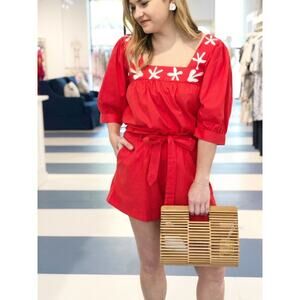 Crosby by Mollie Burch Frankie Top Red Square Neck Blouse Starfish Embroidery L